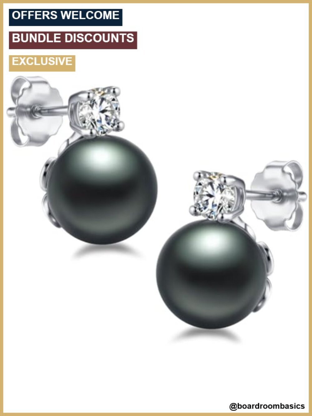 10mm Tahitian Black Pearl Stud Earrings Moissanite 925 Sterling Silver